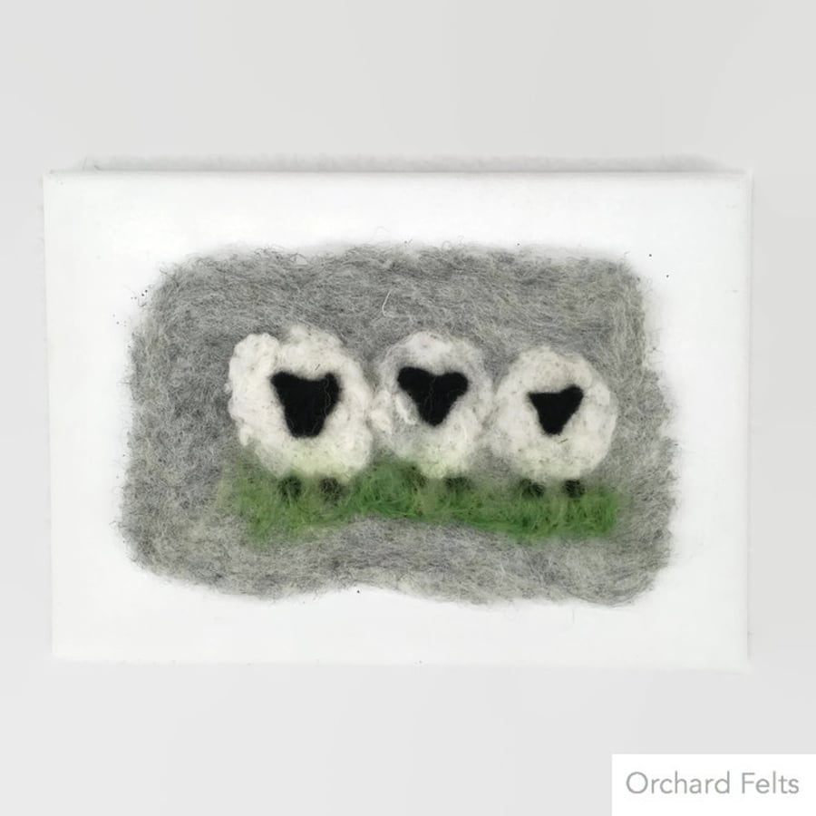 Needle felted picture, three sheep, felted on canvas