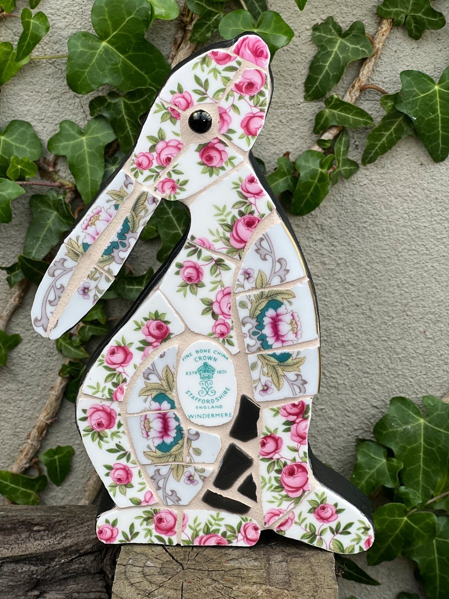Mosaic Moon Gazing Hare, Made with Vintage china, Ceramic Mosaic Art