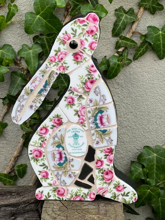 Mosaic Moon Gazing Hare, Made with Vintage china, Ceramic Mosaic Art