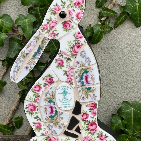 Mosaic Moon Gazing Hare, Made with Vintage china, Ceramic Mosaic Art