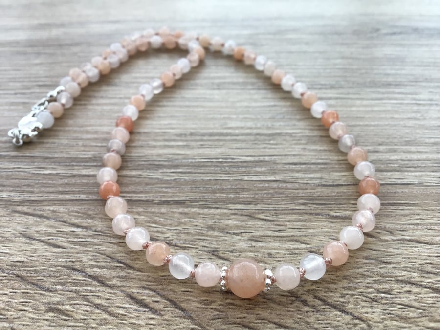 Natural Peach Pink Aventurine and Sterling silver hand knotted necklace 18 inch 