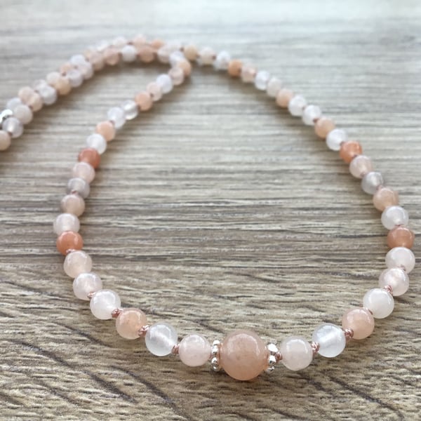 Natural Peach Pink Aventurine and Sterling silver hand knotted necklace 18 inch 