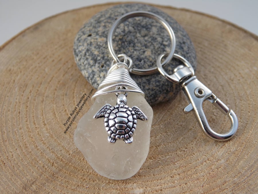 White Sea Glass with Turtle Charm Bag Charm Keyring K348