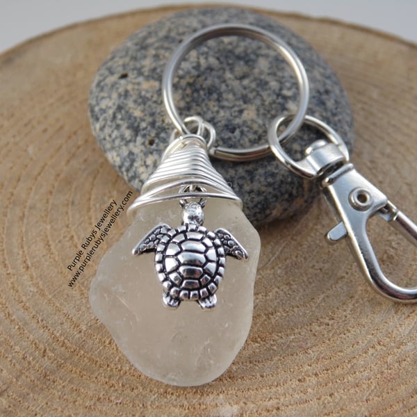 White Sea Glass with Turtle Charm Bag Charm Keyring K348