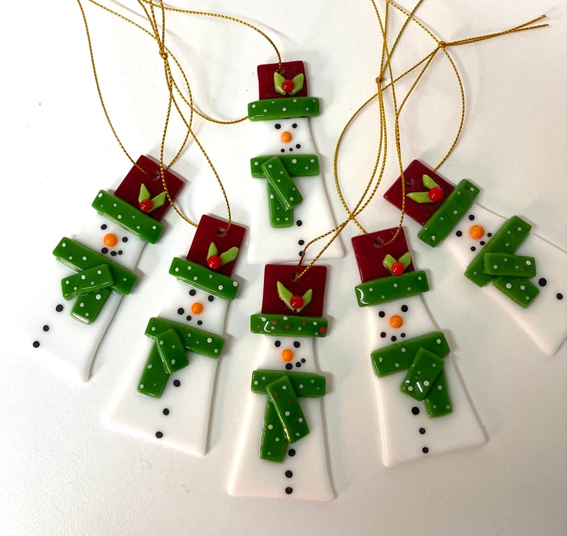 Traditional  snowman in red and green attire, fused glass Christmas decorations 