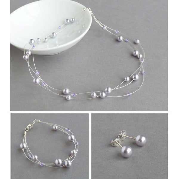 Lavender Floating Pearl Jewellery Set - Necklace, Bracelet and Stud Earrings
