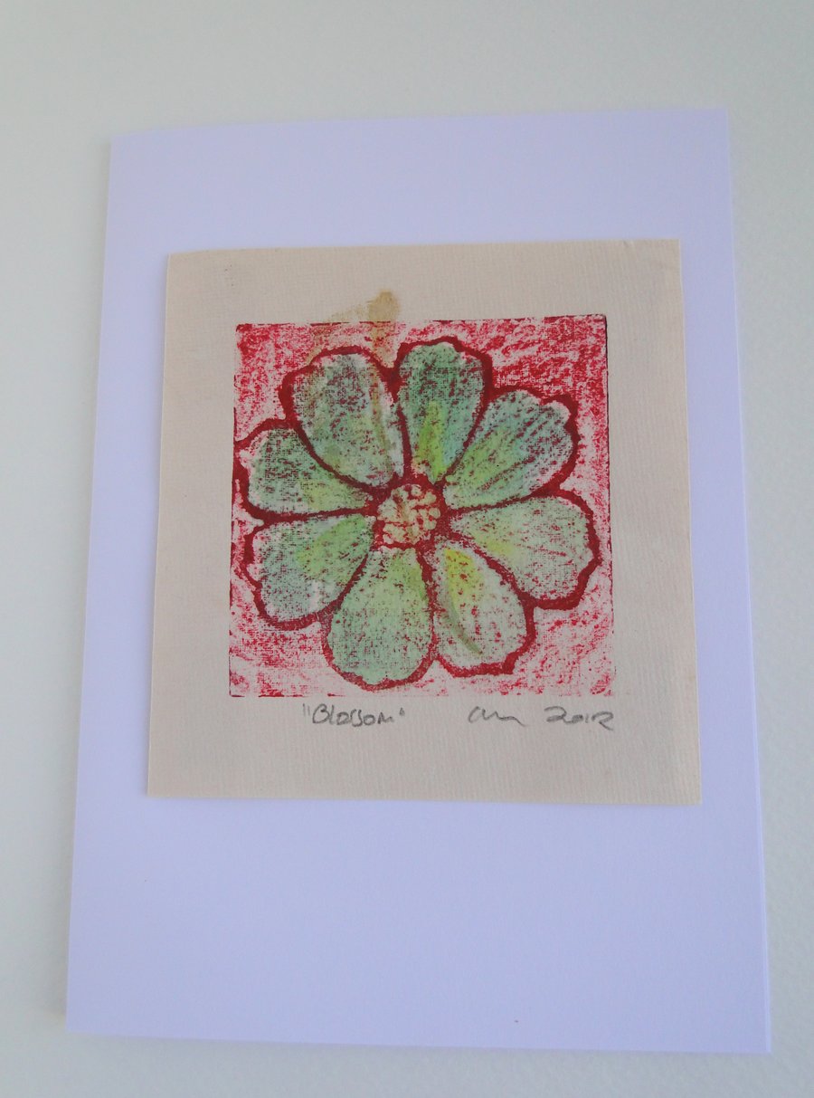Red Green Blossom Flower Blank Greeting Card Collagraph Print with Watercolour