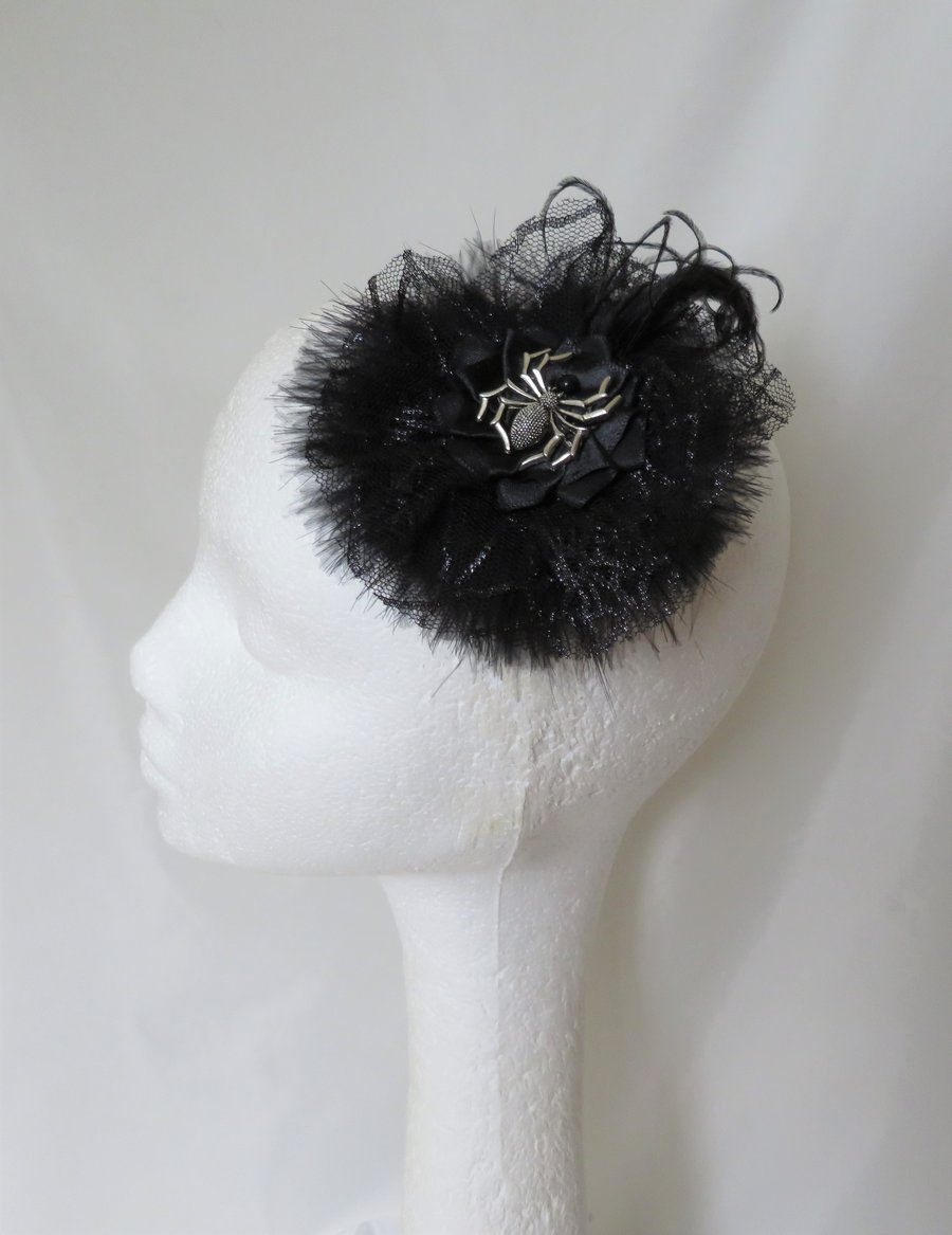 Black Feather Lace & Silver Spider Gothic Wedding Fascinator Hair Clip