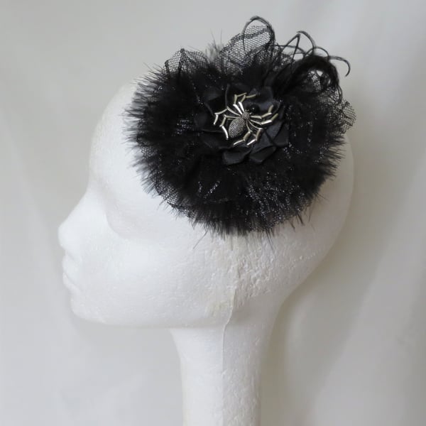 Black Feather Lace & Silver Spider Gothic Wedding Fascinator Hair Clip