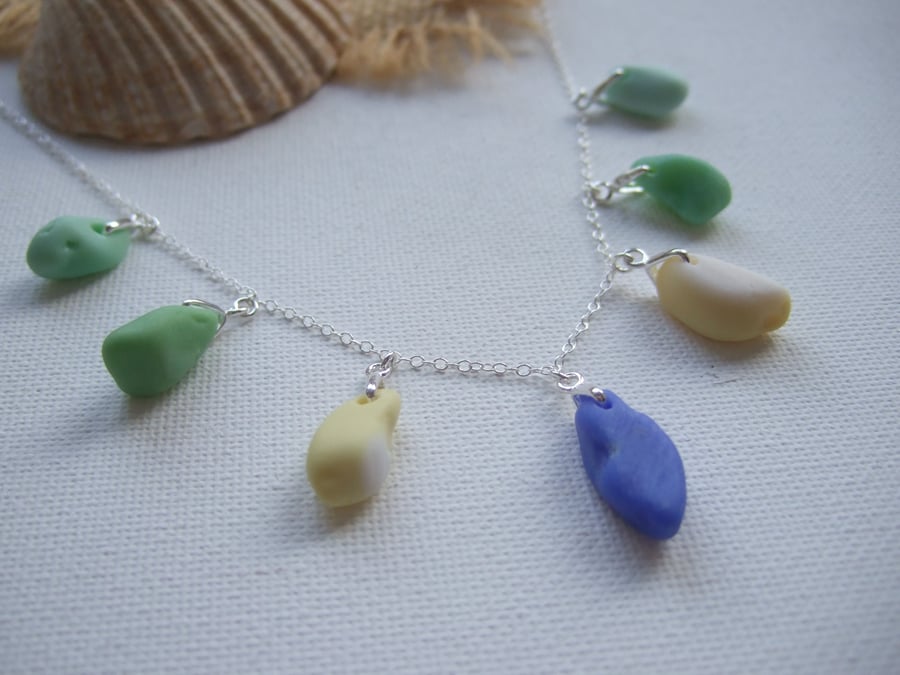 Sea Glass Necklace, Milk Beach Glass Jewellery, Seaham blue green yellow