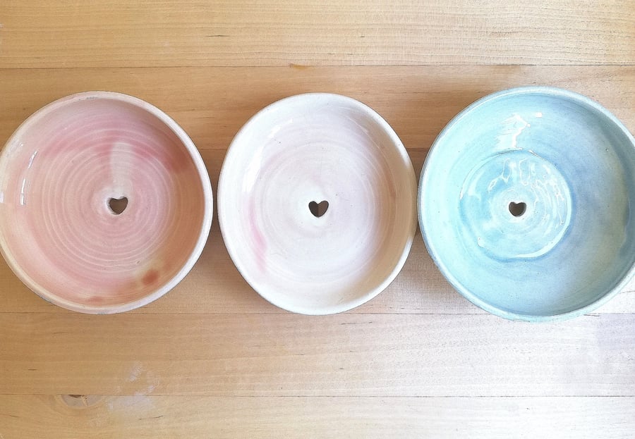 Handmade ceramic soap dish in pale peachy pink or grey pottery gift with heart 