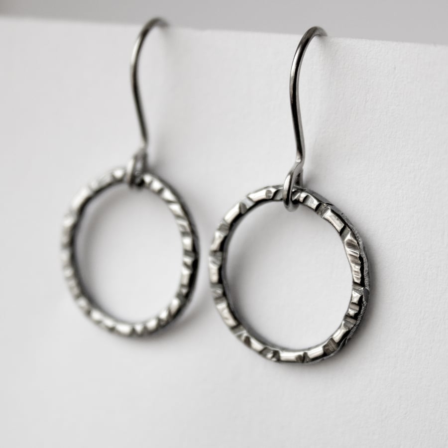 Silver and Steel Textured Circle Drop Earrings