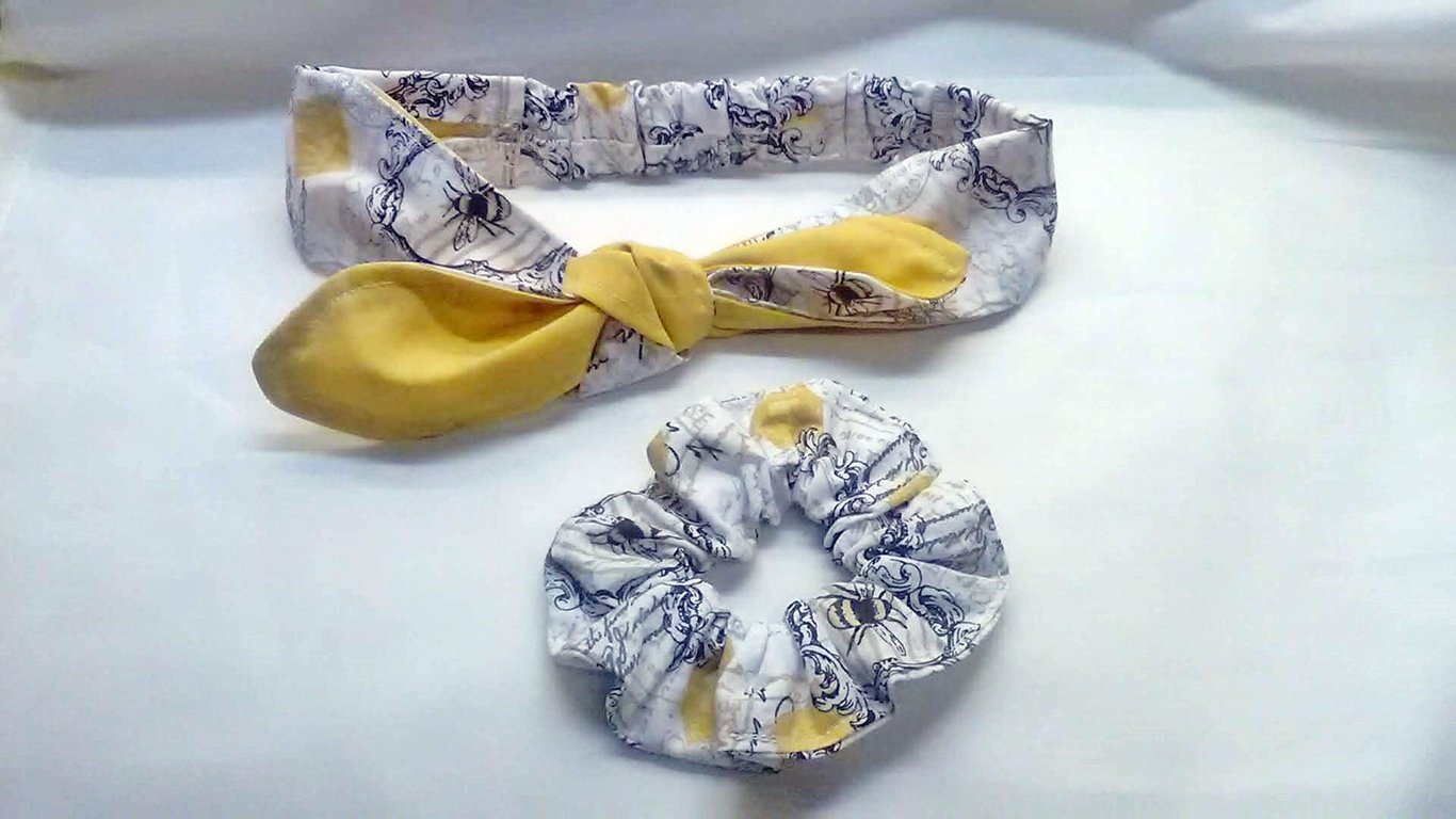 Bee headband and scrunchie, yellow cotton elasticated women's hairband