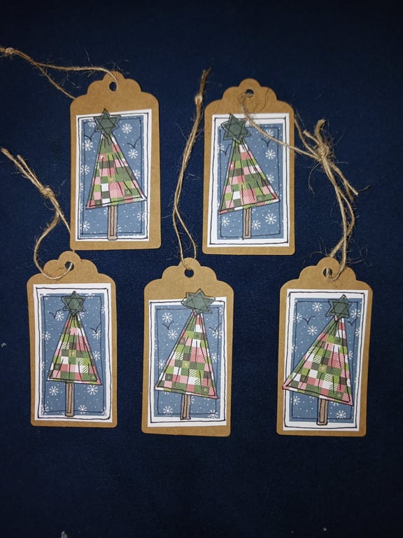 Quirky art whimsical handmade unique patchwork paper christmas trees tags