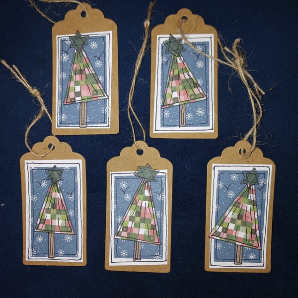 Quirky art whimsical handmade unique patchwork paper christmas trees tags