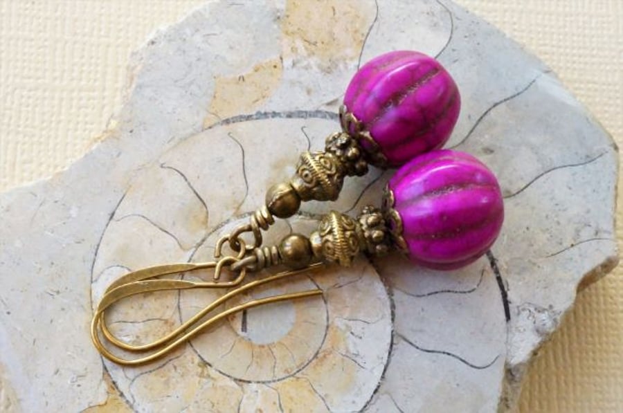 Purple magnesite and antique bronze gemstone earrings