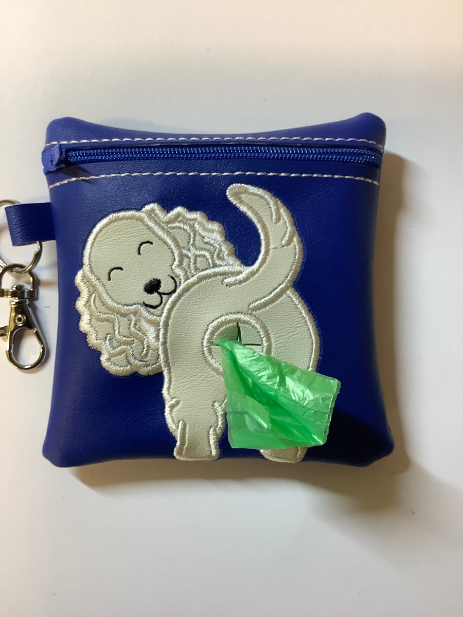 Attractive  Spaniel Embroidered Blue faux leather dog poo bag ,dog walking,