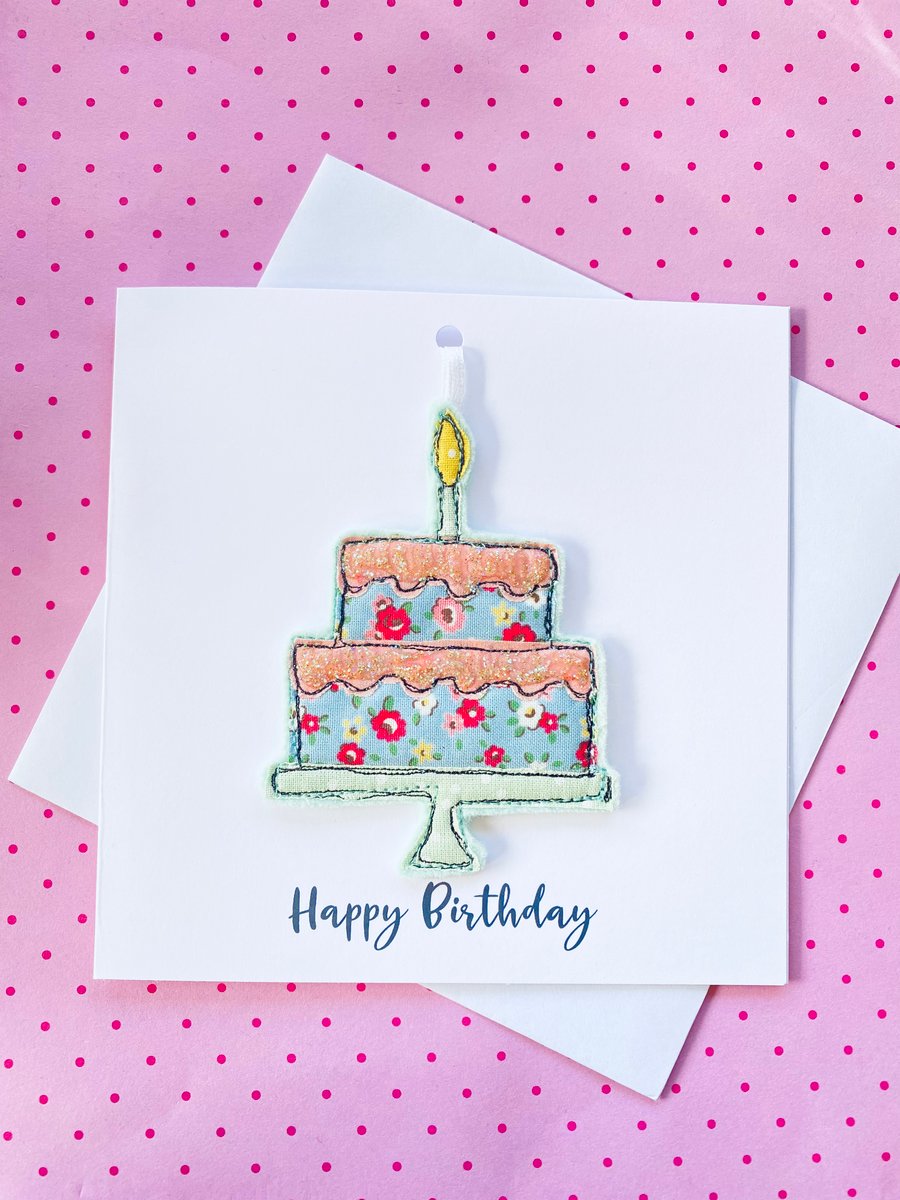 Handmade Cake Birthday Card Free Motion Embroidery Fabric Hanging decoration