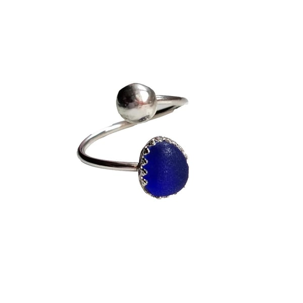 Rare Cobalt Blue Seaglass Adjustable Ring in Gift Box Sterling Silver Jewellery
