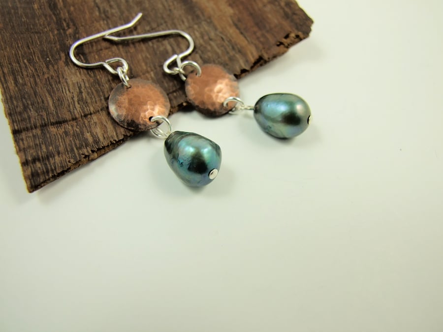 Earrings, Sterling Silver, Copper and Peacock Freshwater Pearl Dangle