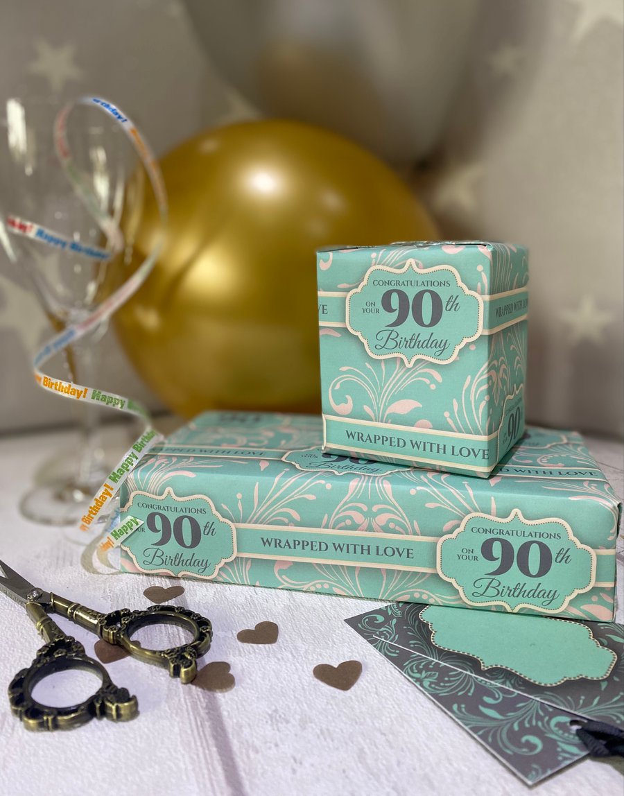 90th Birthday Gift Wrap & Matching tag 