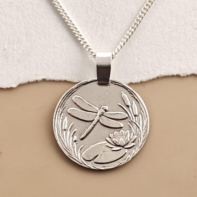 Dragonfly Engraved Sterling Silver Coin Necklace