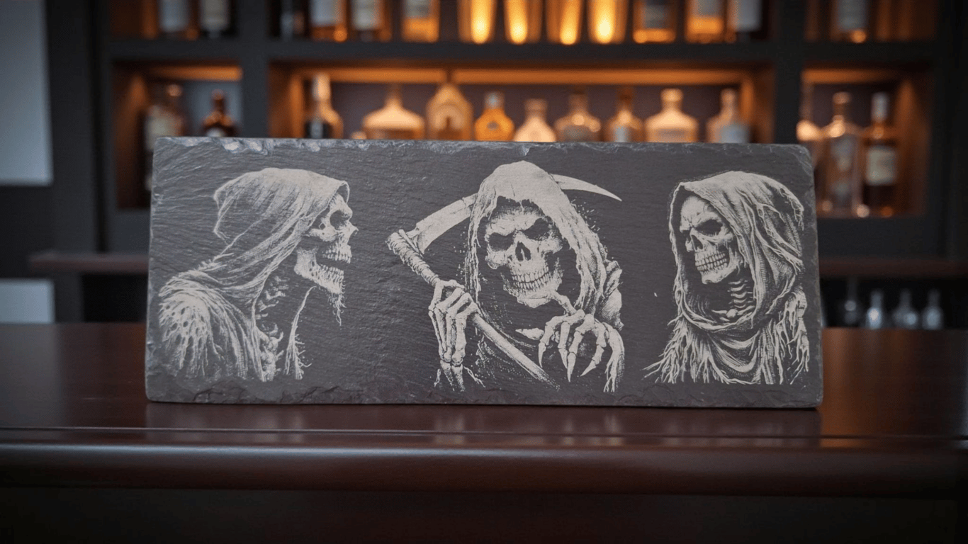 Engraved Three Reapers Whisky Slate – Gothic & Occult Barware