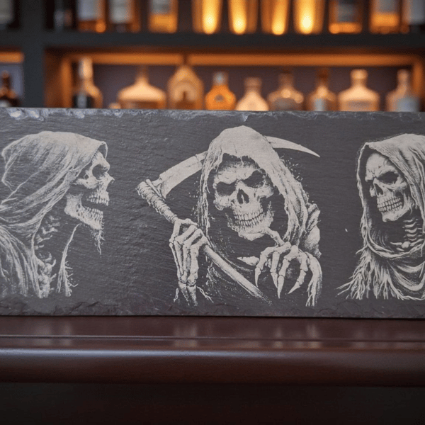 Engraved Three Reapers Whisky Slate – Gothic & Occult Barware