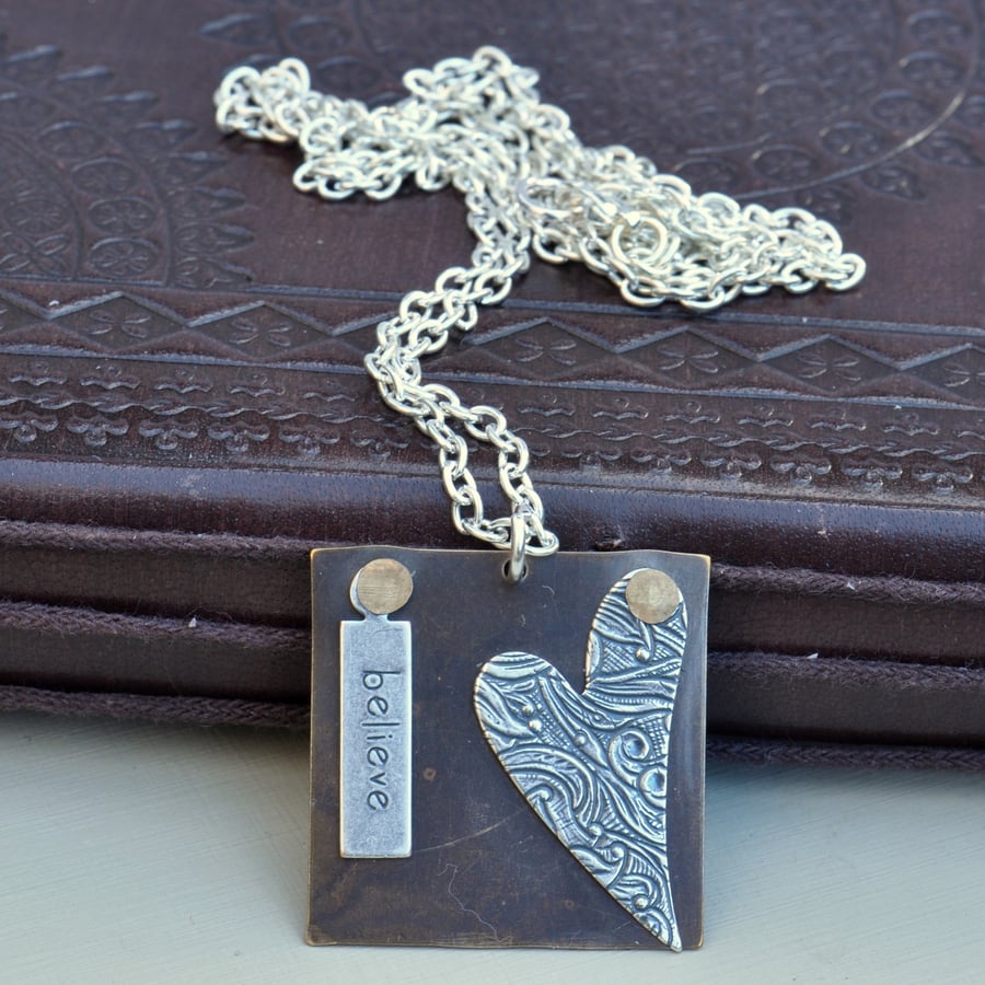 Believe in Love Vintaj & Trinity Brass Handmade Riveted Metal Pendant