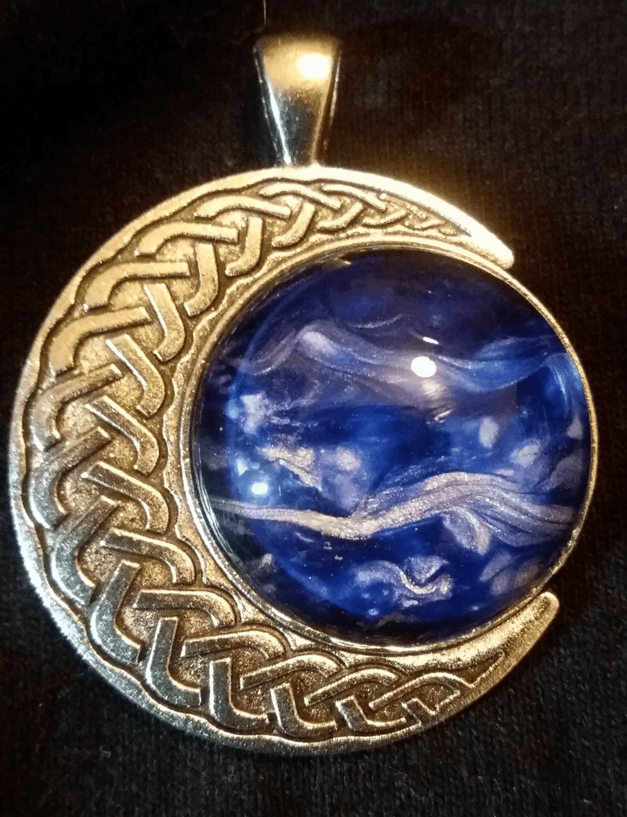Fabulous handmade fluid art Celtic moon dark blue and silver