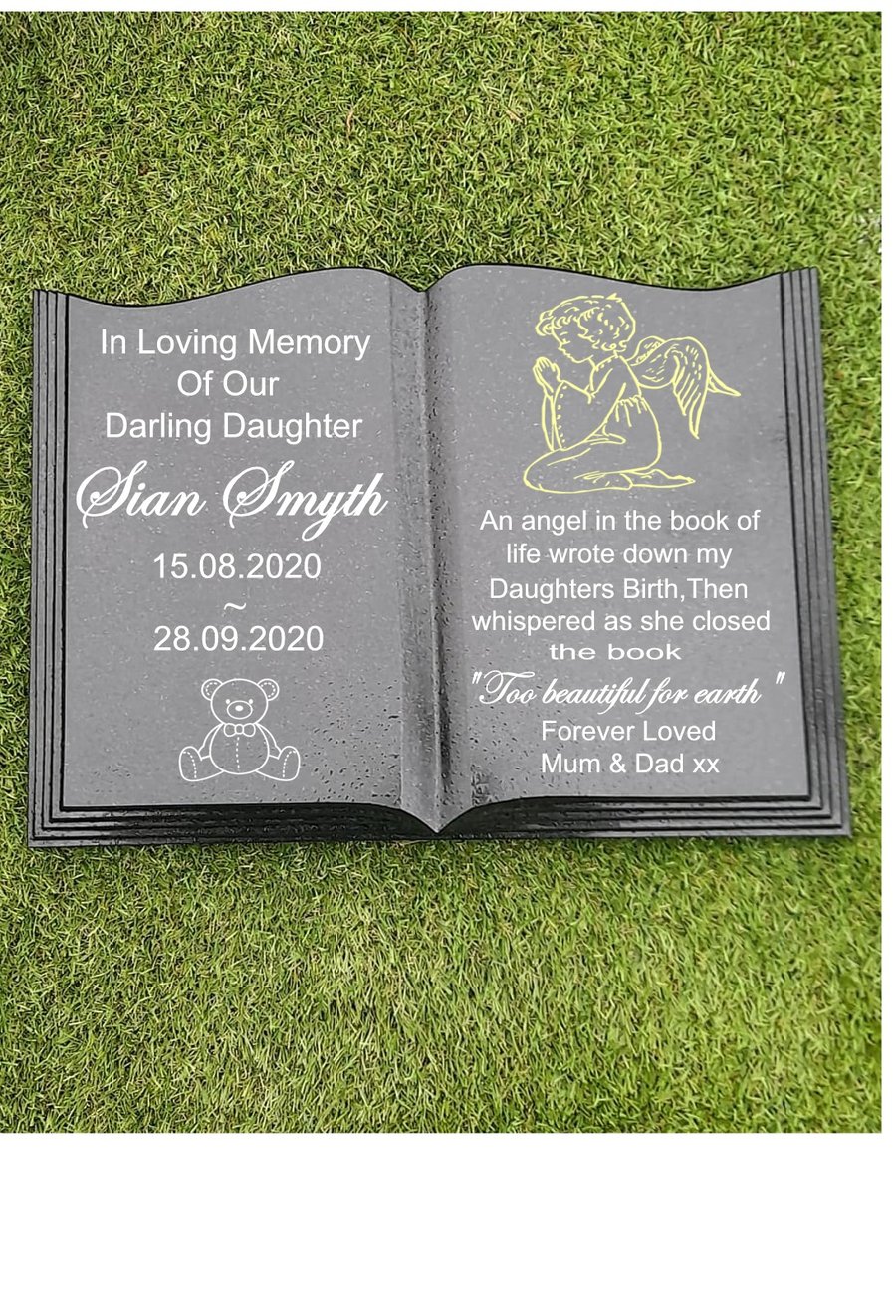 Baby Infant Memorial Grave stone Baby  Headstone Open book Bible Grave Marker