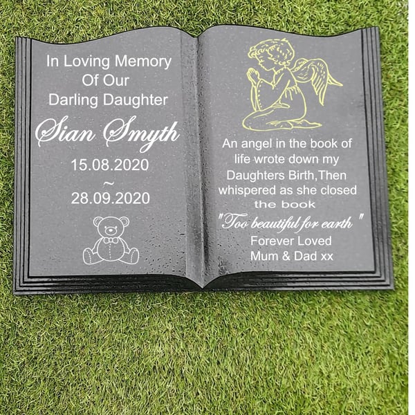 Baby Infant Memorial Grave stone Baby  Headstone Open book Bible Grave Marker