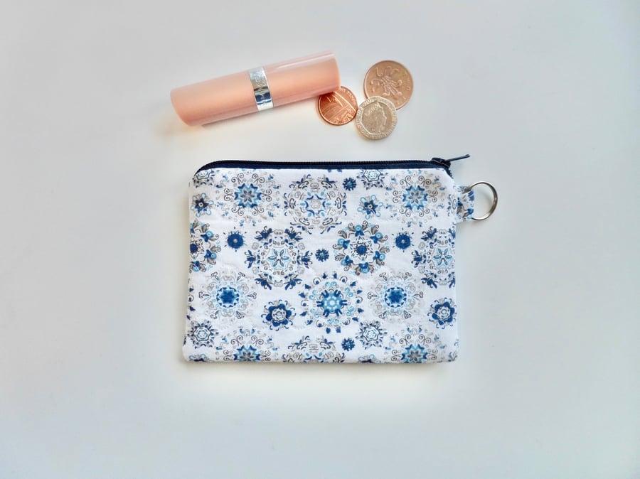 Coin purse in blue and white print fabric