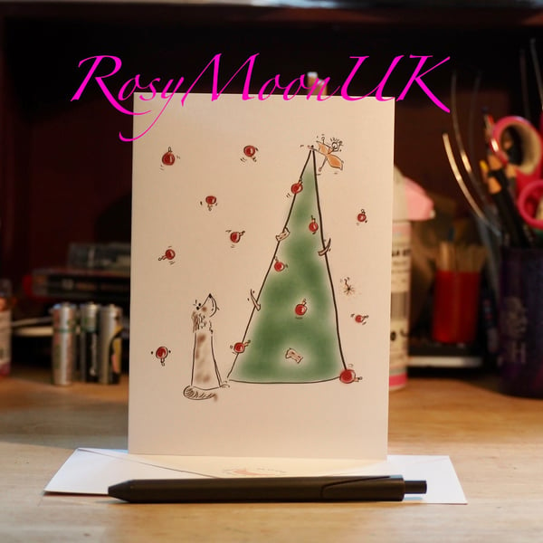 Dog Meets Naughty Cats in the Tree Christmas Card 