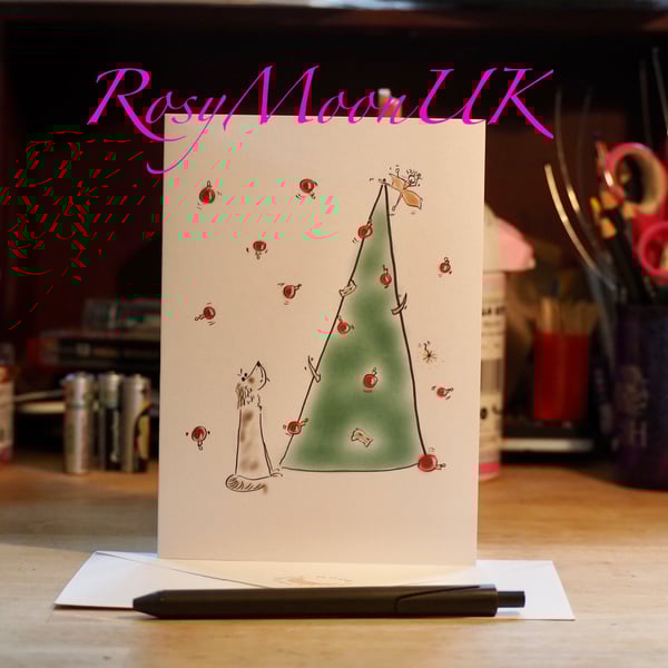 Dog Meets Naughty Cats in the Tree Christmas Card 