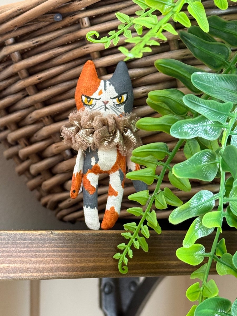 Hand Painted Miniature Cat Art Doll in Calico