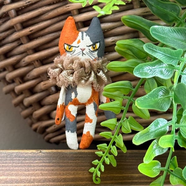 Hand Painted Miniature Cat Art Doll in Calico