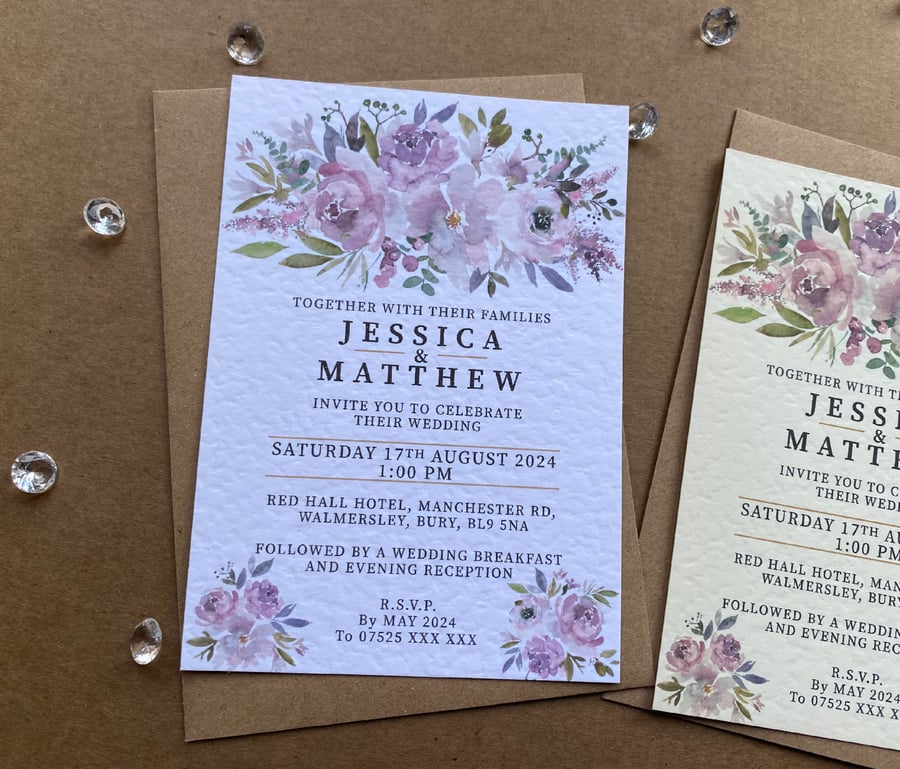10 wedding INVITES mauve pink ROSES roses cards dusky blush A5 A6 invitations