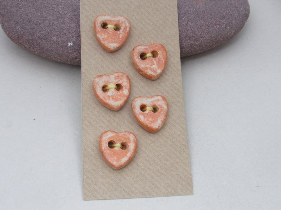 5 Small Heart Shaped Terracotta Glazed Ceramic Buttons