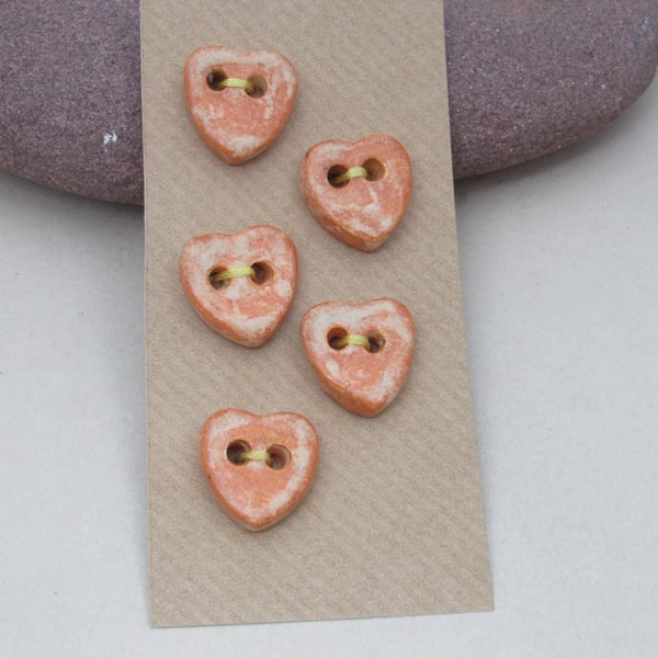 5 Small Heart Shaped Terracotta Glazed Ceramic Buttons