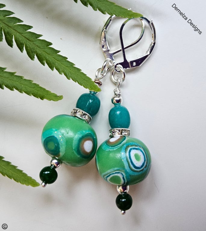 Huggie Hand Made Polymer Clay Beads, Agate & Quartzite Earrings