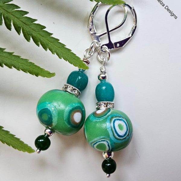 Huggie Hand Made Polymer Clay Beads, Agate & Quartzite Earrings