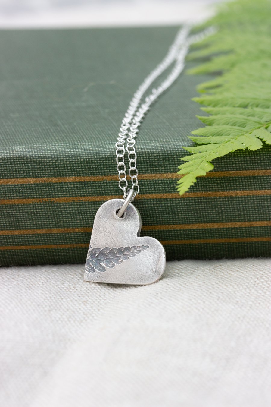 Silver Fern Pattern Heart Pendant