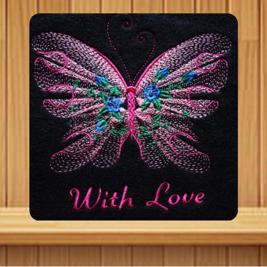 Handmade pink butterfly and flowers greetings card embroidered design