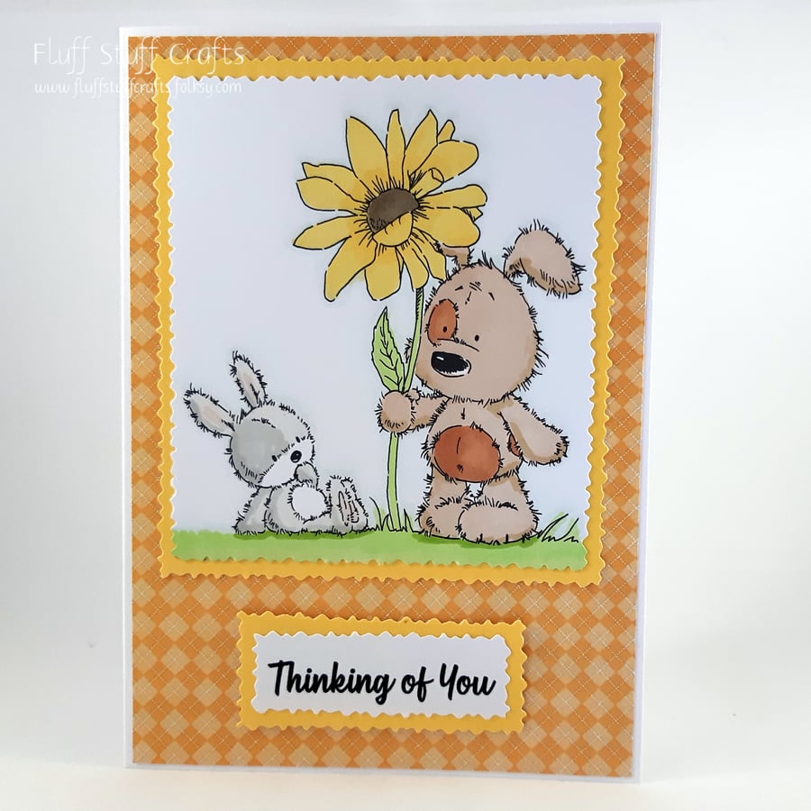 Handmade Thinking of you card - dog and rabbit