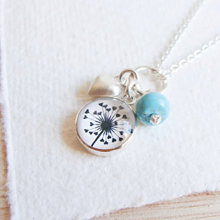 Sterling Silver Turquoise, Heart and Dandelion Art Charm Cluster Necklace