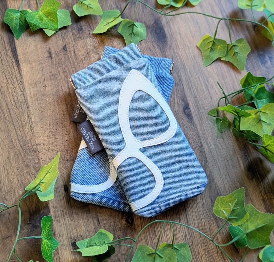 Recycled Denim Sunglasses or Glasses Case with White Retro Style Glasses Motif