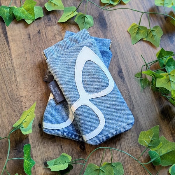 Recycled Denim Sunglasses or Glasses Case with White Retro Style Glasses Motif