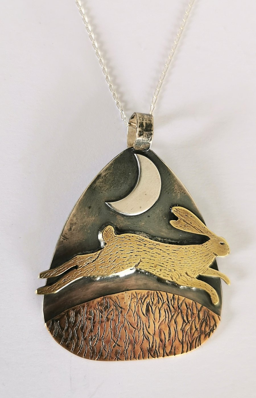 Sterling Silver Copper and Brass Running Hare under a Crescent Moon Pendant 