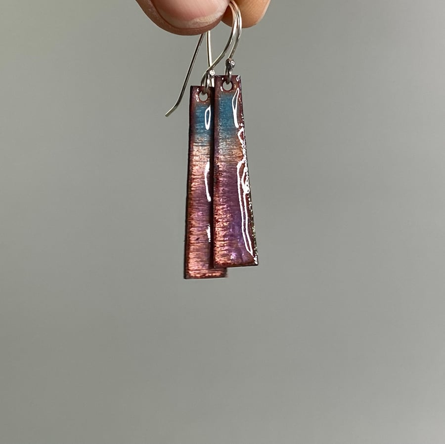 Triangle Drop earrings in teal and purple enamel